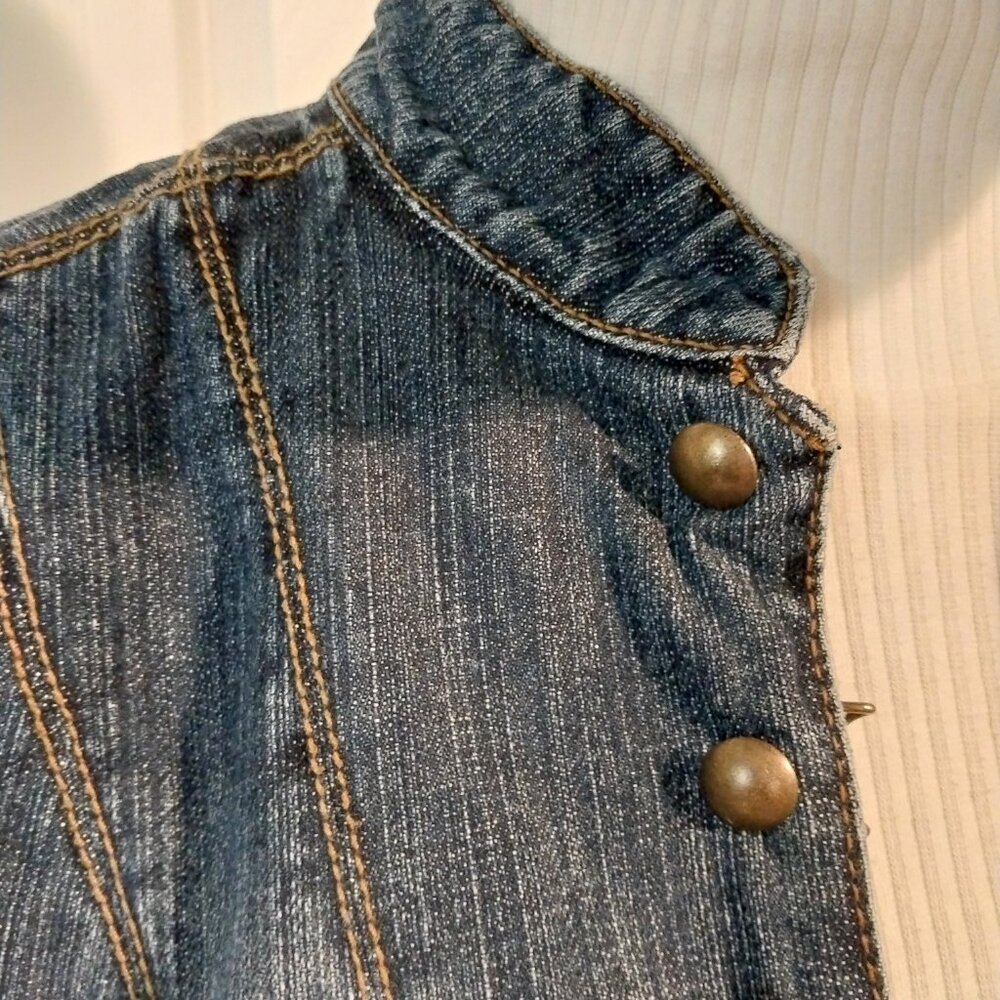 3248 Size Large Faded Glory Upcycled Jean Jacket With Crochet Trim In Dark Teal - Picture 4 of 9